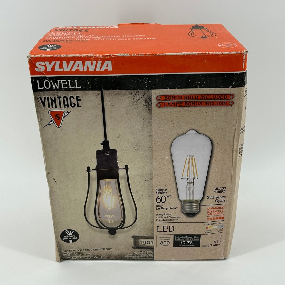 Sylvania Lowell Vintage Cage Pendant Light Matte Black ST19 LED Bulb NIB